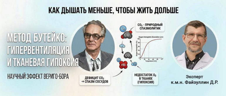 Инфографика метода Бутейко с портретами К. П. Бутейко и доктора Дениса Файзуллина, объясняющая эффект Вериго-Бора, дефицит CO2, спазм сосудов и тканевую гипоксию на графике диссоциации оксигемоглобина.