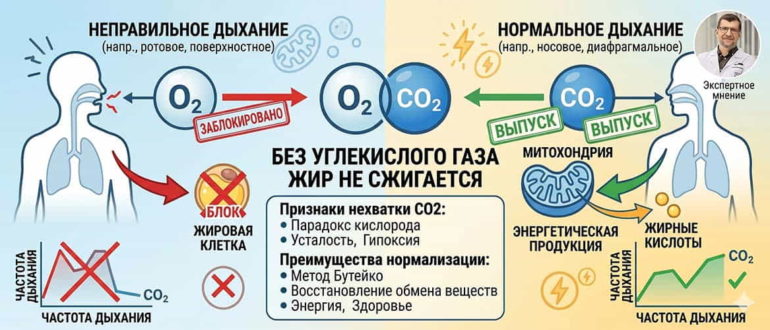 Сравнительная инфографика клеточного дыхания и жиросжигания при правильном и глубоком дыхании
