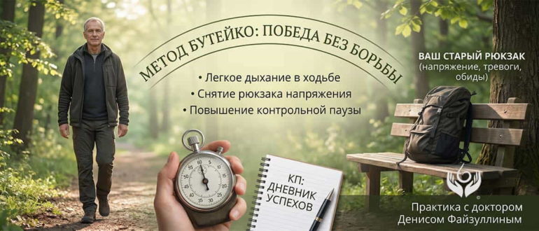 Мужчина выполняет дыхательные упражнения по методу Бутейко, идя по лесной тропинке.