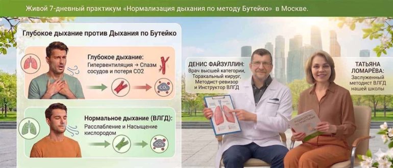 Графический баннер 1170x500 для практикума по методу Бутейко в Москве. Слева показано сравнение гипервентиляции и нормального дыхания. Справа — ведущие: врач Денис Файзуллин и методист Татьяна Ломарёва на фоне весенней Москвы