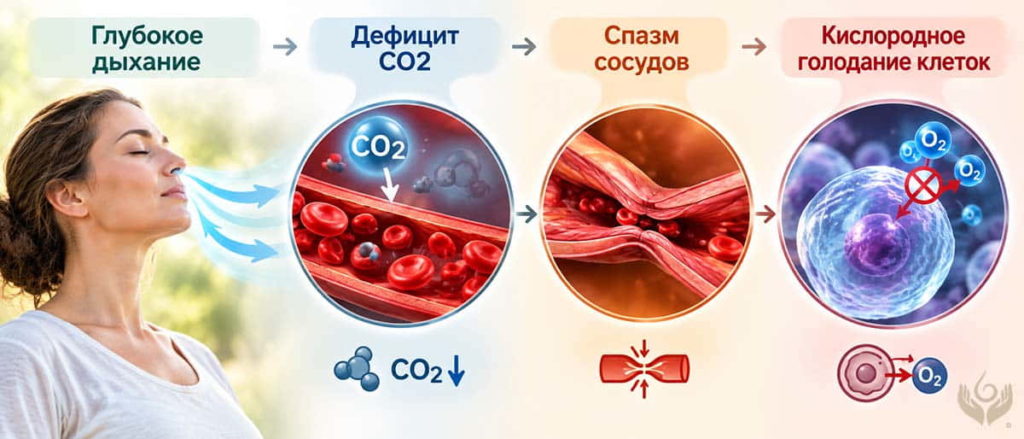 Схема влияния глубокого дыхания и дефицита углекислого газа на кислородное голодание клеток (эффект Вериго-Бора).