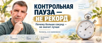 Баннер о контрольной паузе по методу Бутейко: спокойное измерение дыхания без напряжения и стремления установить рекорд.