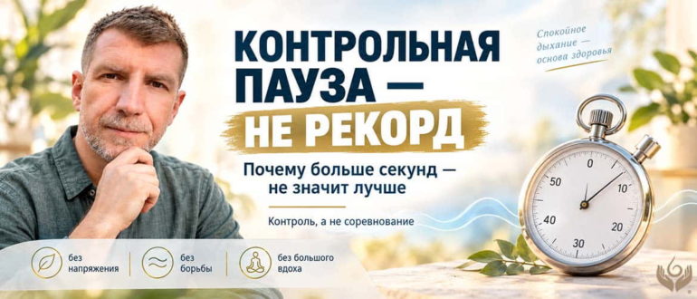 Баннер о контрольной паузе по методу Бутейко: спокойное измерение дыхания без напряжения и стремления установить рекорд.