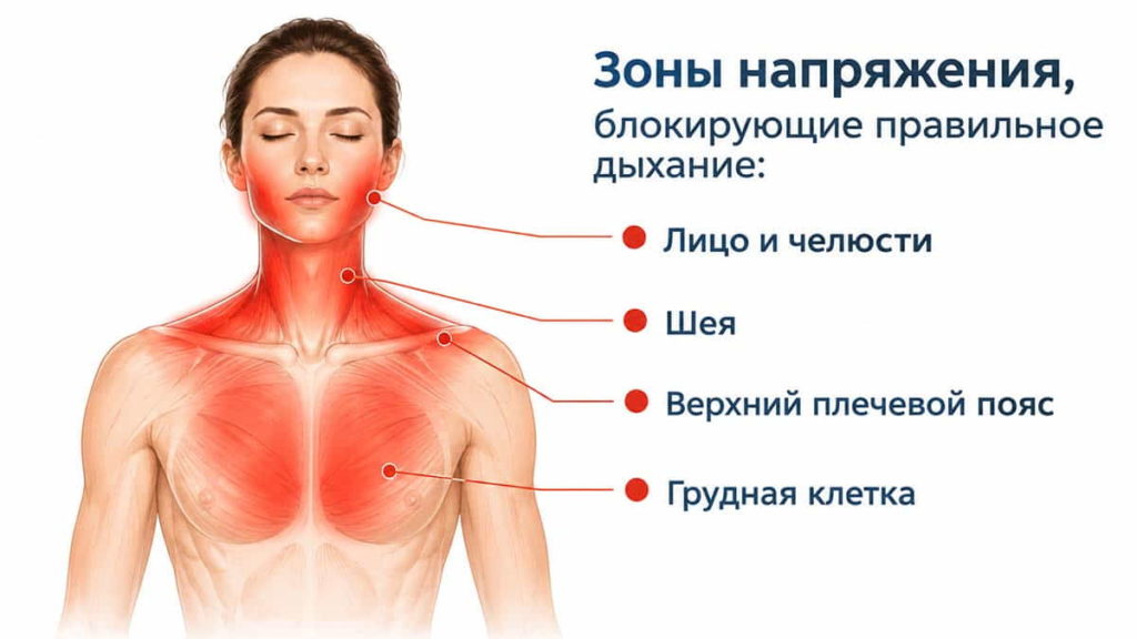 Схема мышечных зажимов шеи, плеч и груди, мешающих правильной практике метода Бутейко.