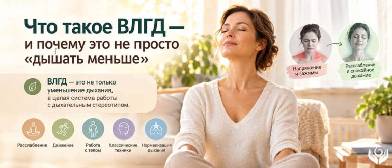 Информационный баннер о методе Бутейко и ВЛГД: нормализация дыхательного стереотипа через расслабление, движение, работу с телом и дыхательные техники.
