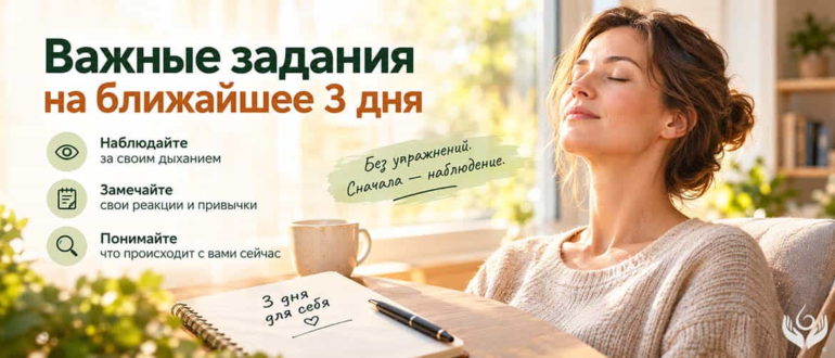 Тёплый информационный баннер с заданиями на ближайшие три дня: наблюдать за дыханием, замечать свои реакции и привычки, понимать особенности дыхания без попыток его исправить. Женщина спокойно сидит у окна, символизируя осознанное наблюдение и знакомство с методом Бутейко.