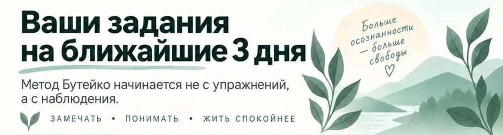 Информационный баннер: наблюдать за дыханием, замечать свои реакции и привычки, понимать особенности дыхания без попыток его исправить. Женщина спокойно сидит у окна, символизируя осознанное наблюдение и знакомство с методом Бутейко.
