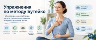 Упражнения по методу Бутейко: наблюдение за дыханием, контрольная пауза, расслабление, мягкое уменьшение дыхания и практика в движении