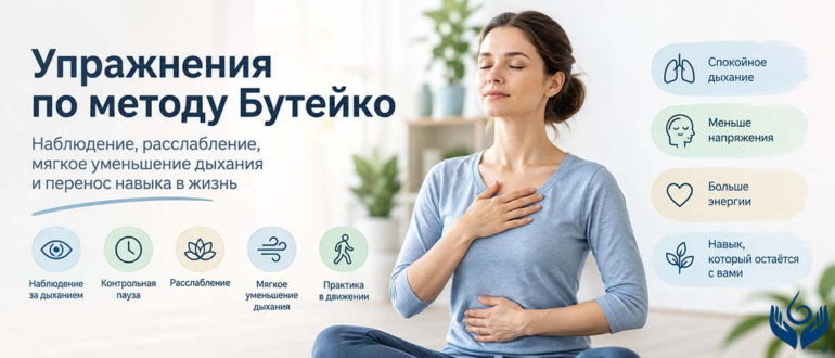Упражнения по методу Бутейко: наблюдение за дыханием, контрольная пауза, расслабление, мягкое уменьшение дыхания и практика в движении